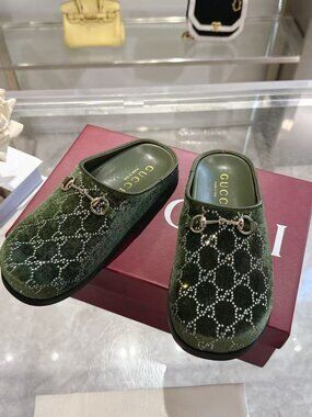 Gucci Green Velvet GG Crystal Horsebit Slip‑On Mule Clogs